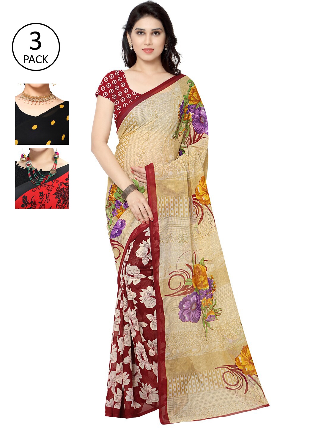 

KALINI Women Pack Of 3 Printed Sarees, Red