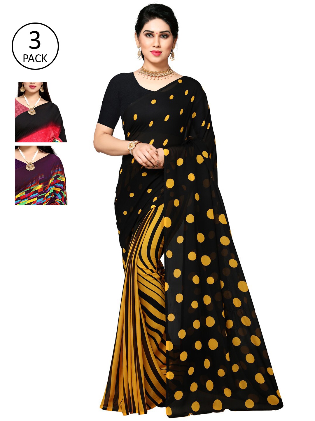 

KALINI Pack Of 3 Black & Yellow Saree