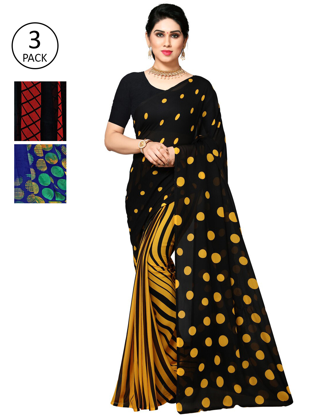 

ANAND SAREES Pack Of 3 Printed Sarees, Black