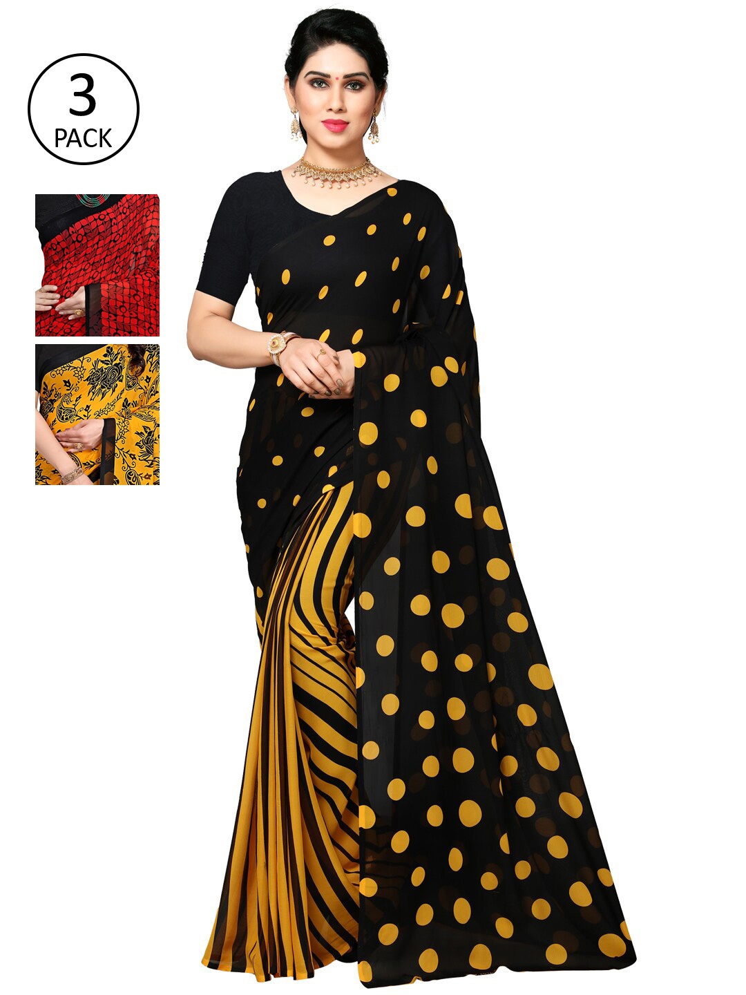 

KALINI Women Pack of 3 Printed Poly Georgette Sarees, Yellow