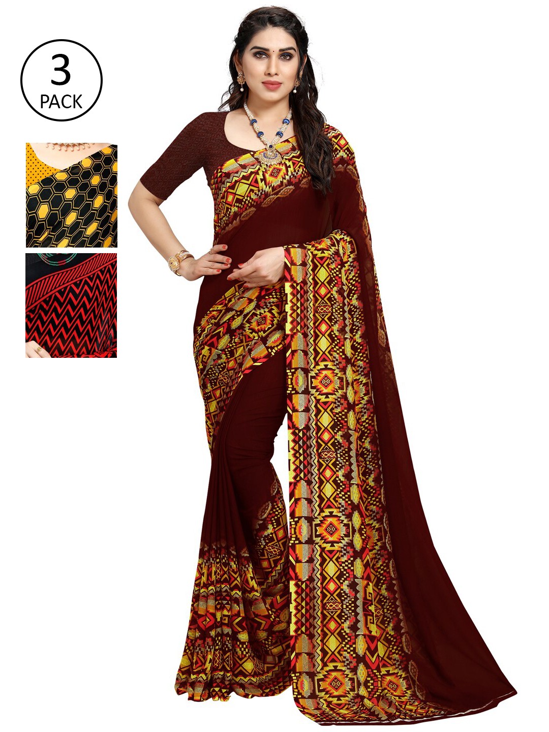 

KALINI Pack of 3 Yellow & Red Printed Saree