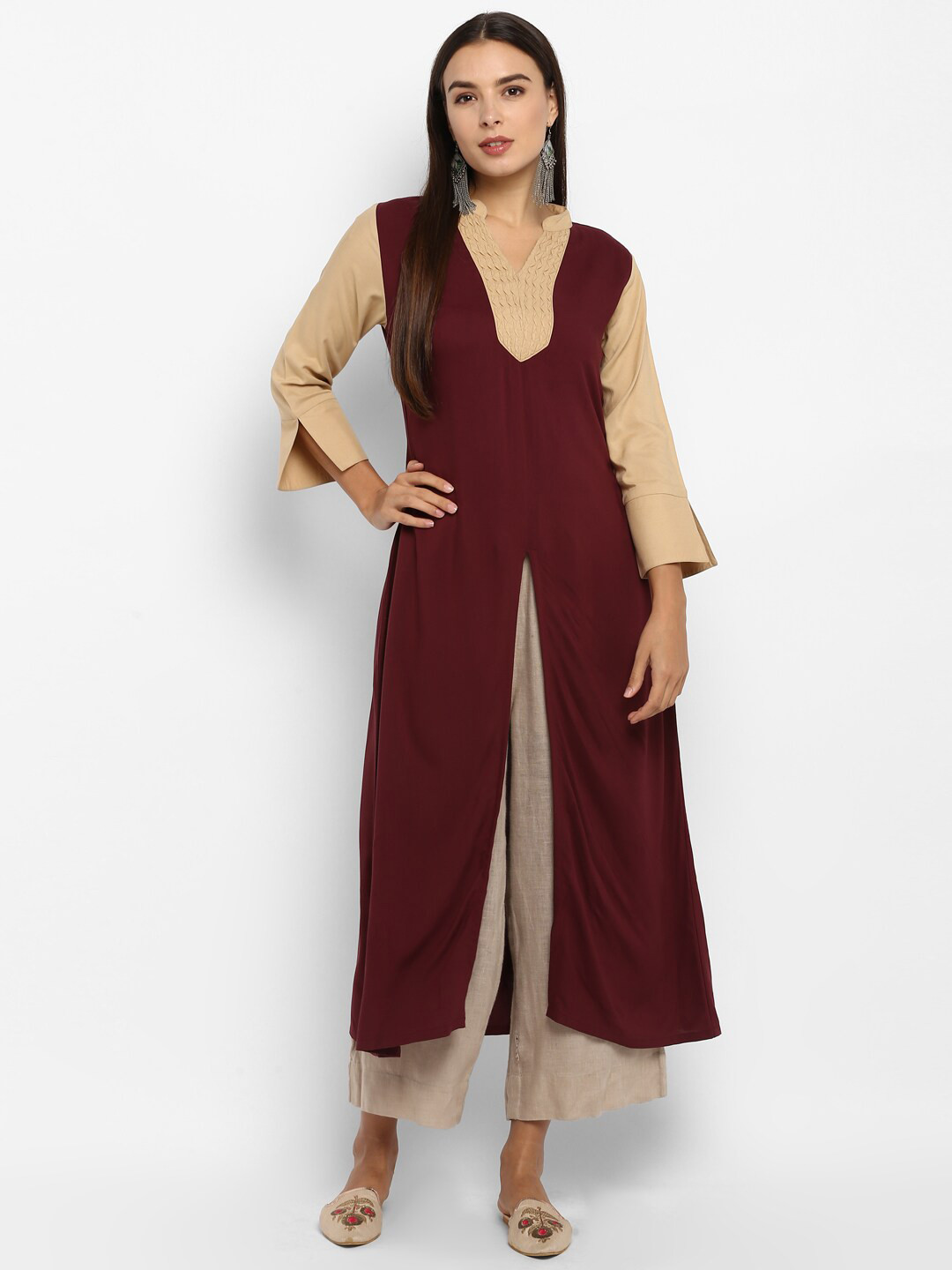 

DEEBACO Womens Maroon Front Slit Kurti