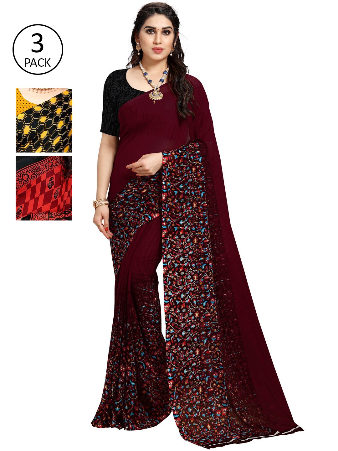 

KALINI Pack Of 3 Yellow & Black Poly Georgette Saree