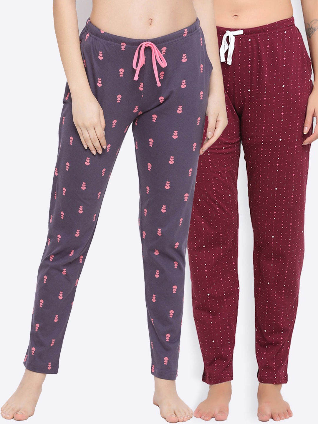 

Kanvin Women Pack Of 2 Printed Pure Cotton Lounge Pants, Maroon