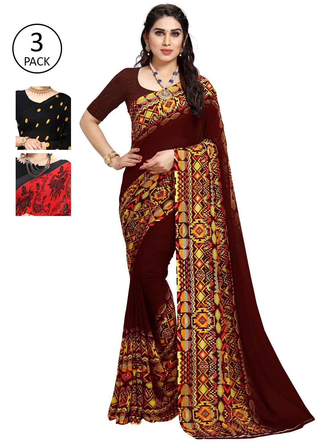 

KALINI Pack Of 3 Poly Georgette Sarees, Burgundy
