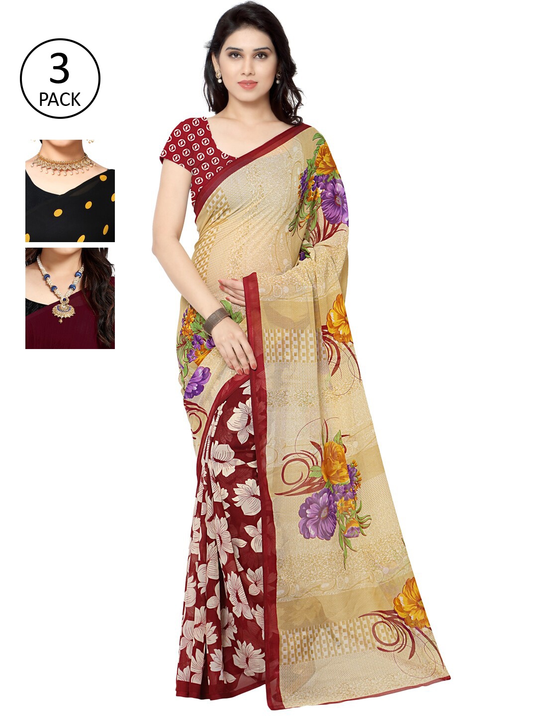 

KALINI Pack of 3 Poly Georgette Printed Sarees, Black