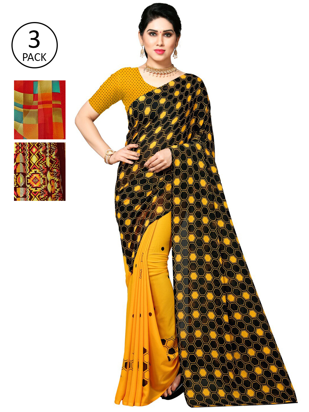 

KALINI Pack Of 3 Mustard Yellow & Red Saree