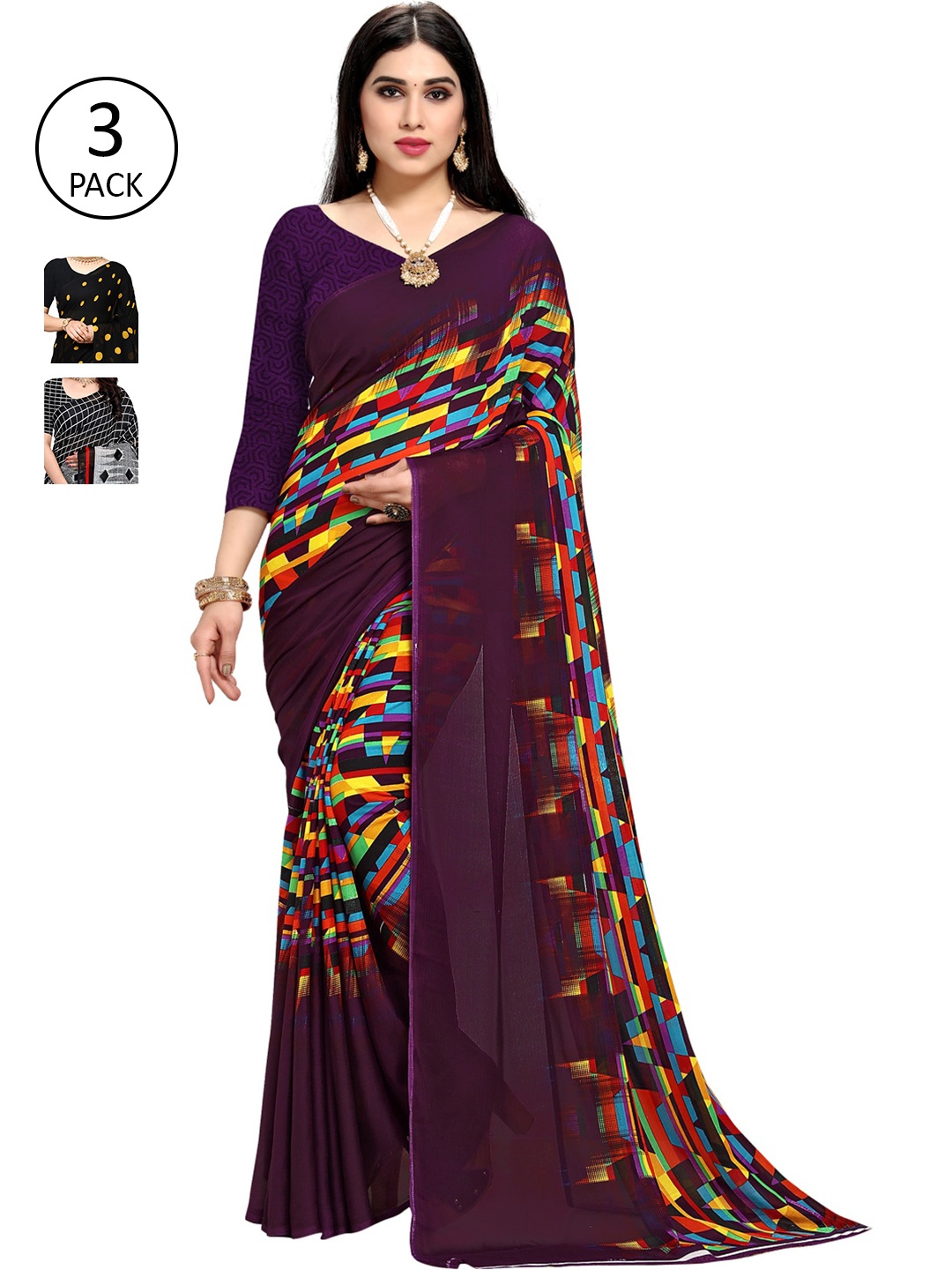 

KALINI Multicoloured Set of 3 Poly Georgette Saree, Multi