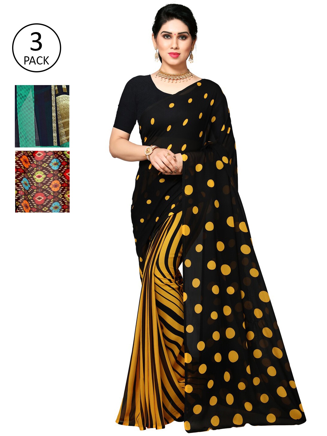 

KALINI Pack of 3 Poly Georgette Sarees, Black