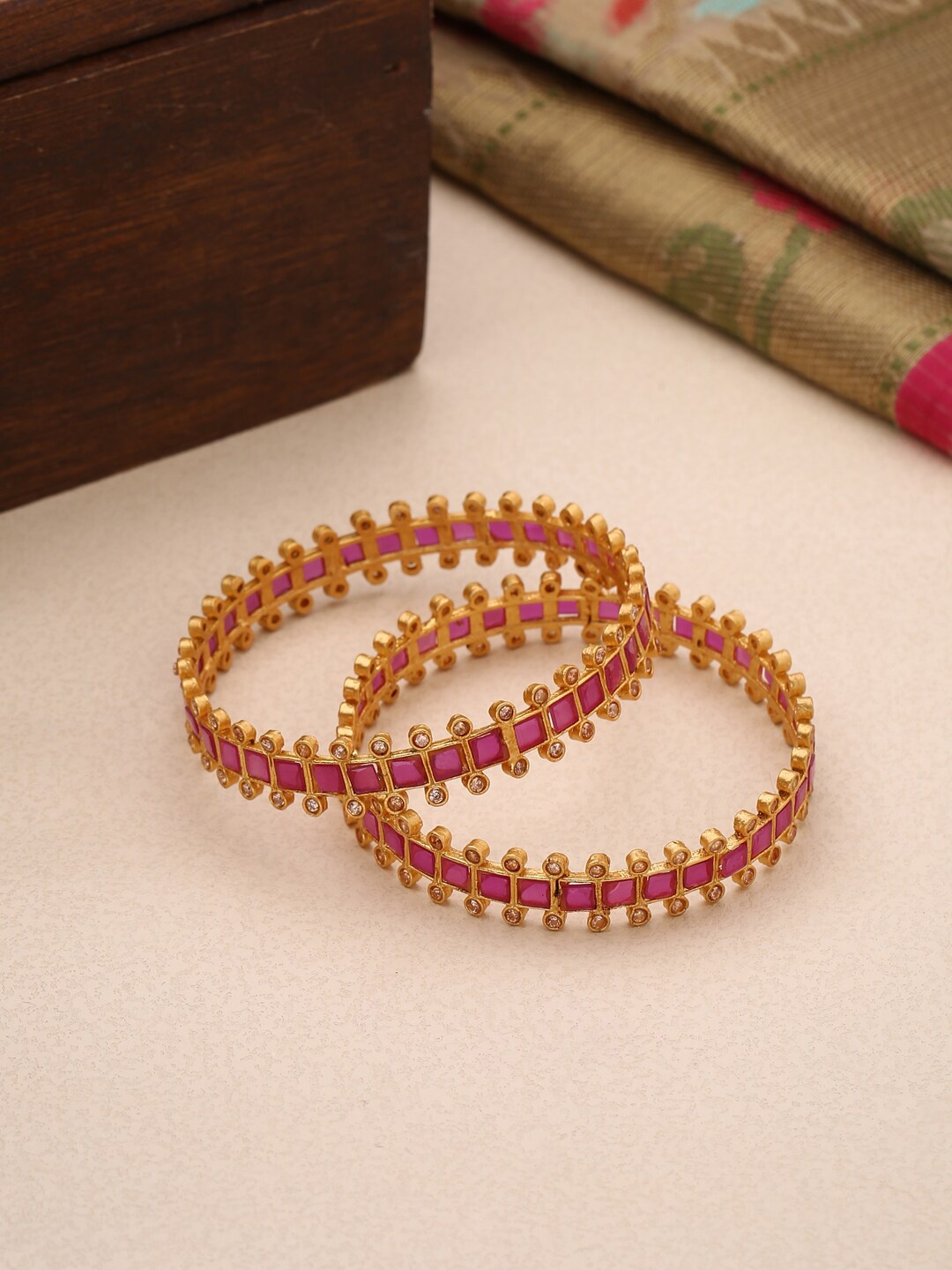 

Shoshaa Set Of 2 Gold-Plated Magenta Stone-Studded Handcrafted Bangles
