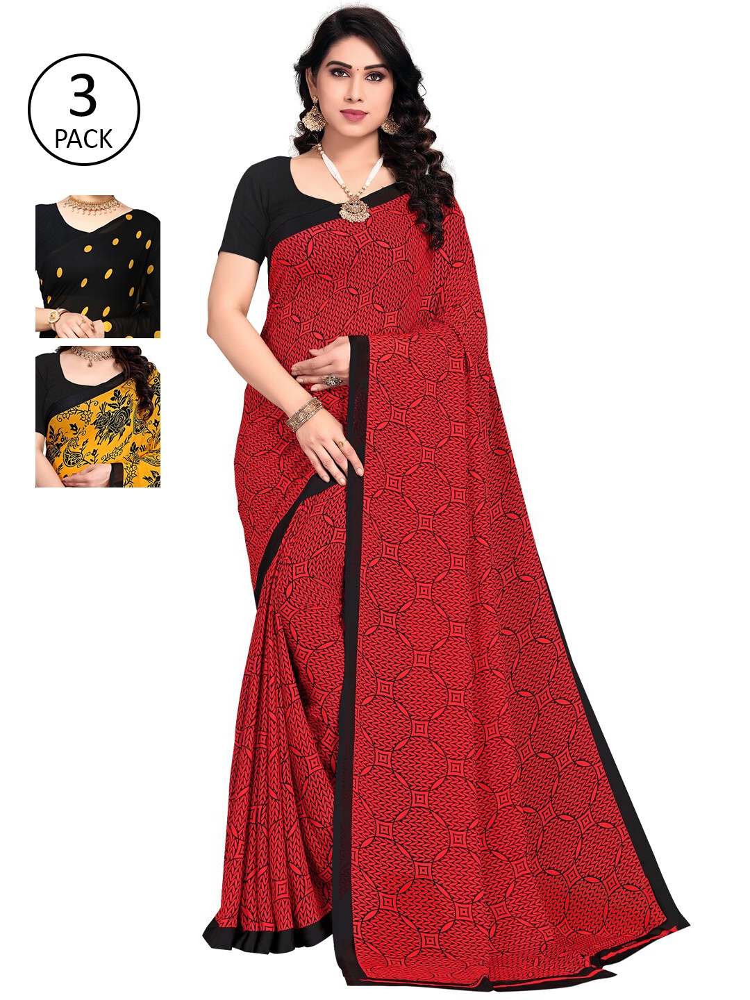 

KALINI Women Pack of 3 Printed Sarees, Black