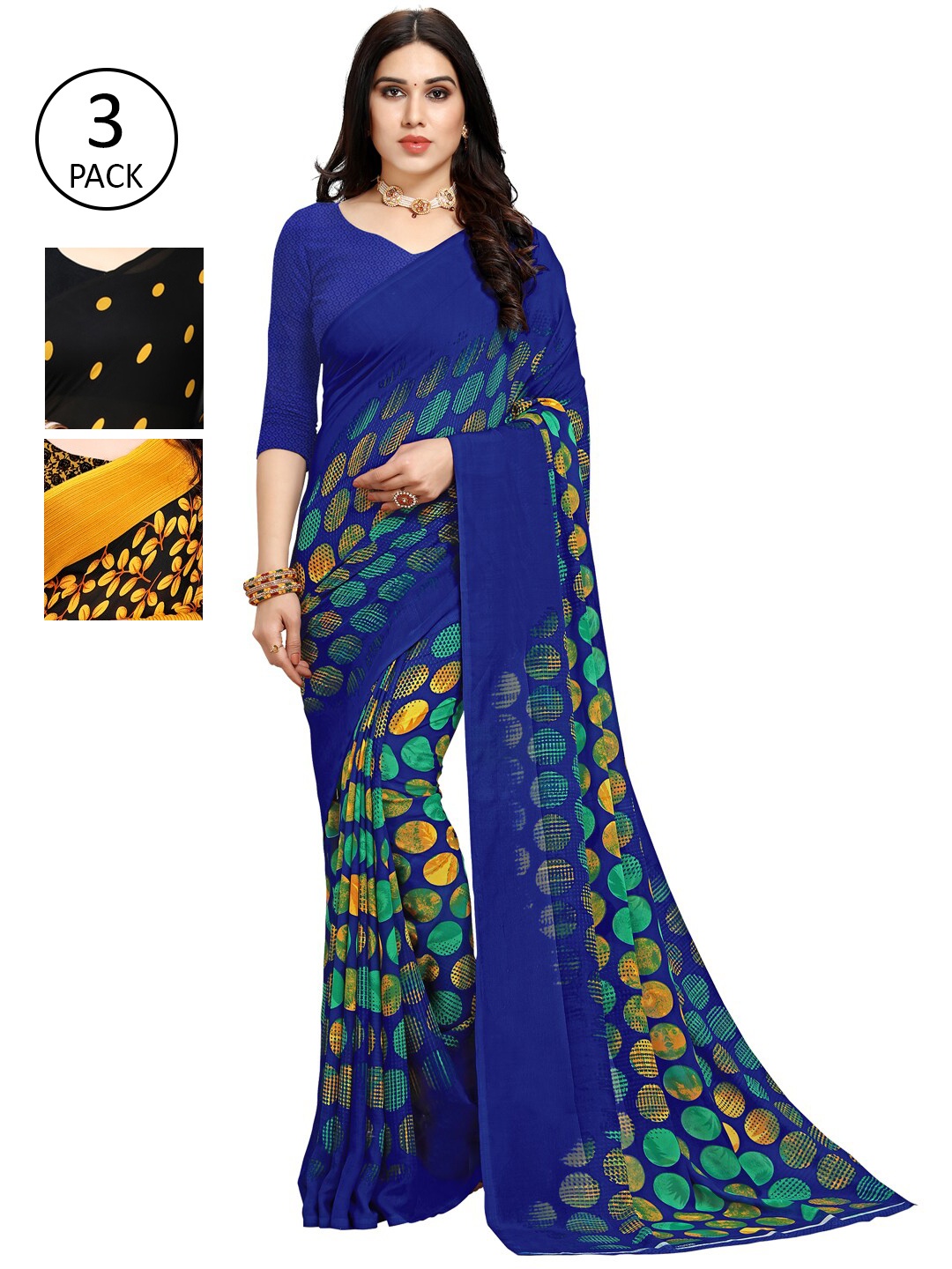 

KALINI Multicoloured Set of 3 Poly Georgette Saree, Multi
