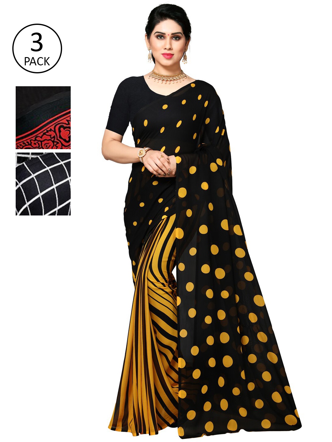 

KALINI Red & Grey Pack of 3 Printed Saree