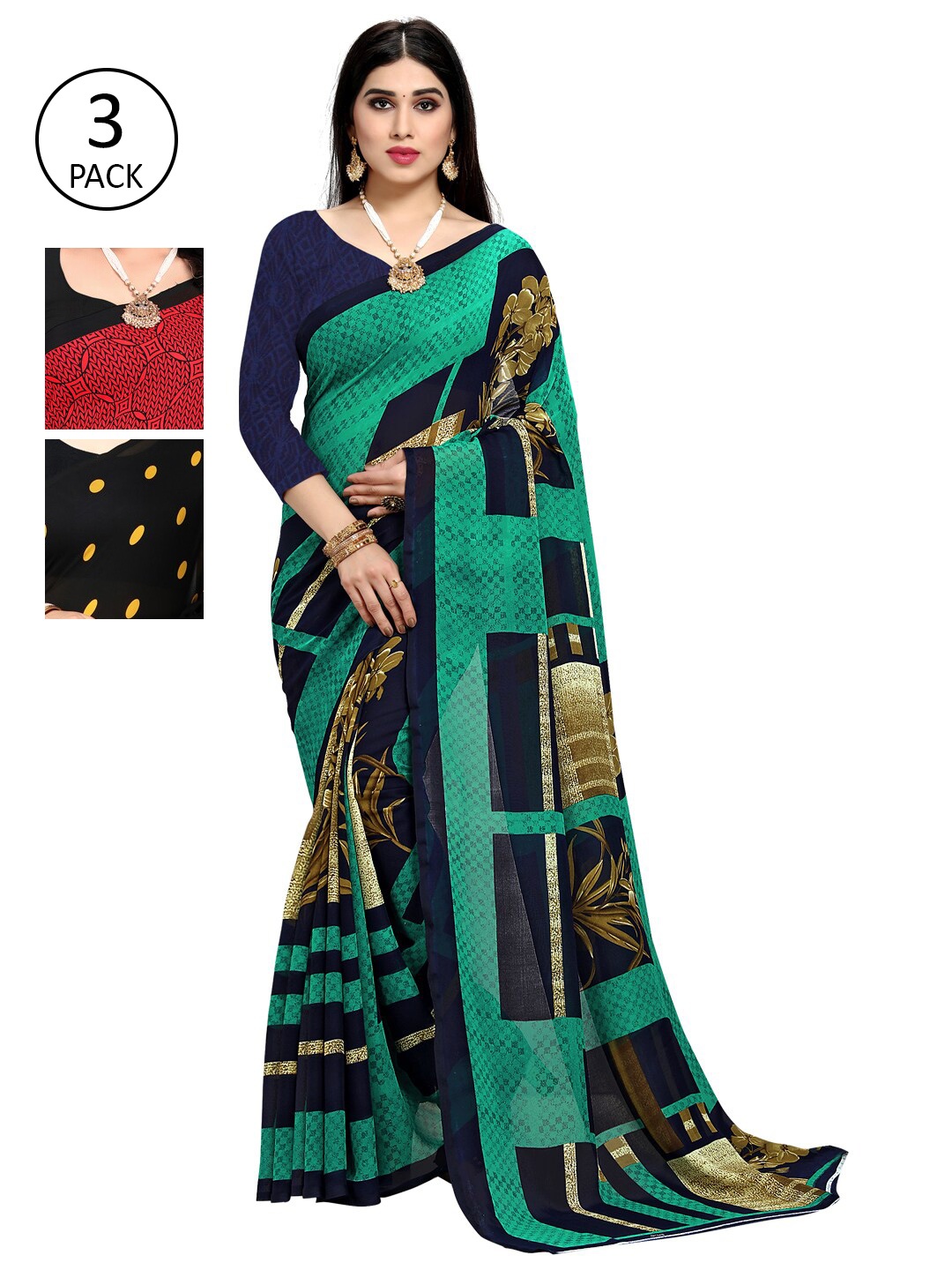

KALINI Pack of 3 Red & Teal Printed Saree