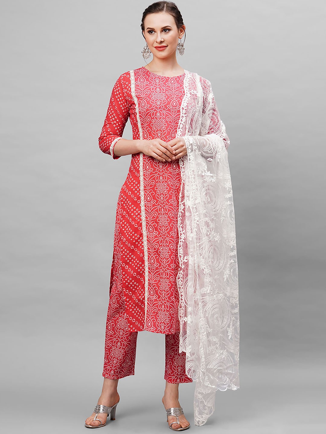 

Indo Era Women Red & White Printed Kurta with Trousers & Dupatta