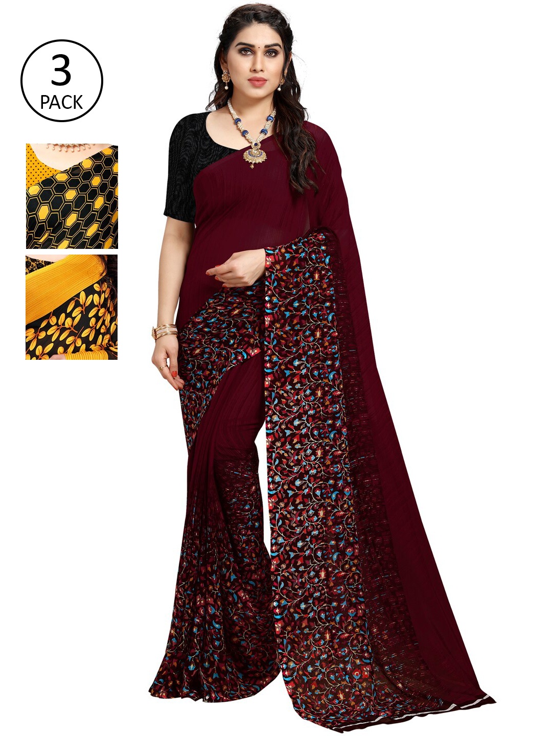 

KALINI Pack of 3 Poly Georgette Sarees, Yellow