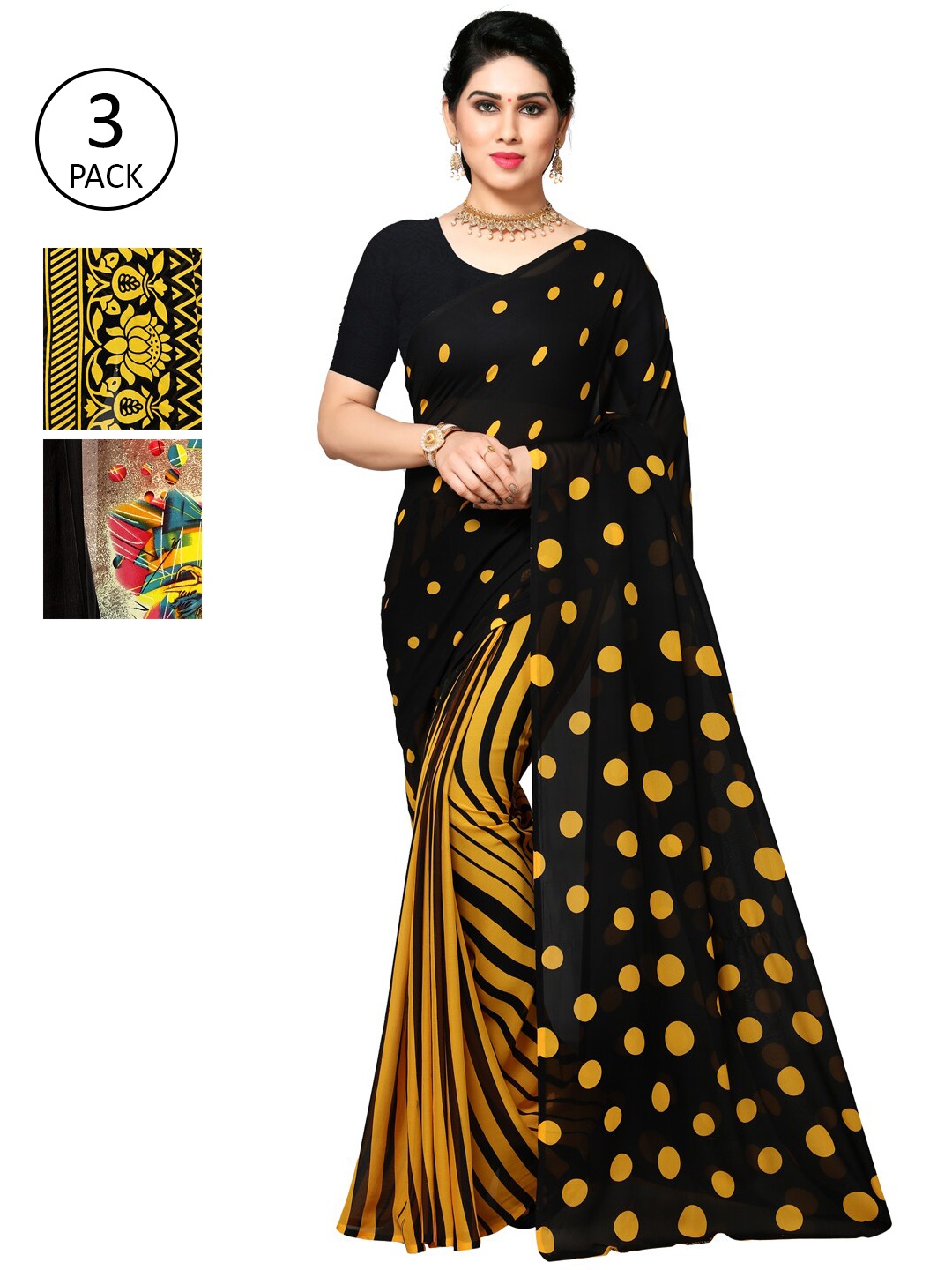 

ANAND SAREES Pack of 3 Yellow & Black Printed Saree