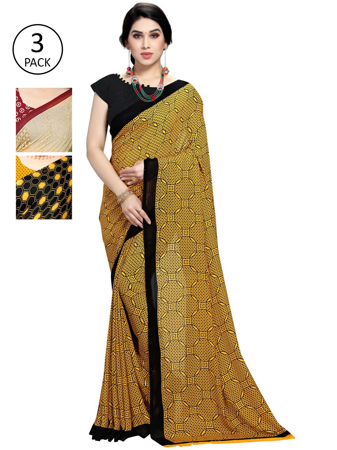 

KALINI Yellow & Beige Floral Pack of 3 Saree