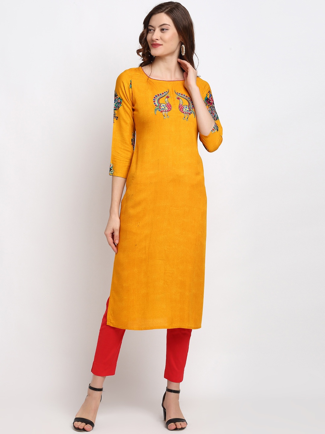 

Lovely Lady Women Yellow & Red Ethnic Motifs Embroidered Thread Work Kurta