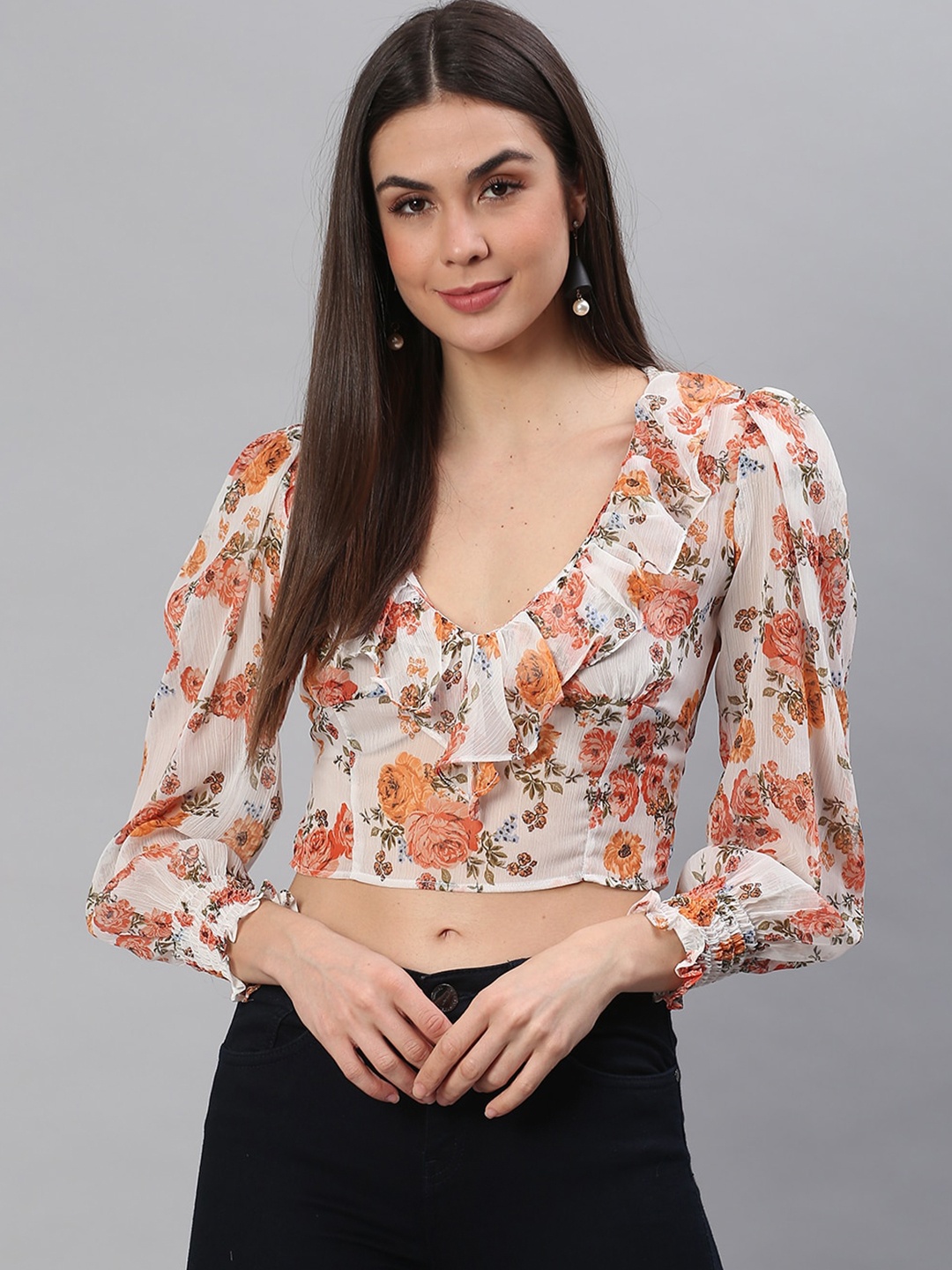 

Cation Women White & Orange Floral Puff Sleeve Chiffon Fitted Crop Top