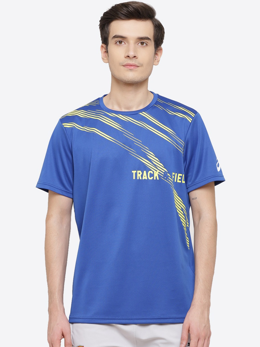 

ASICS Track SS Men Blue Typography Printed Training T-shirt