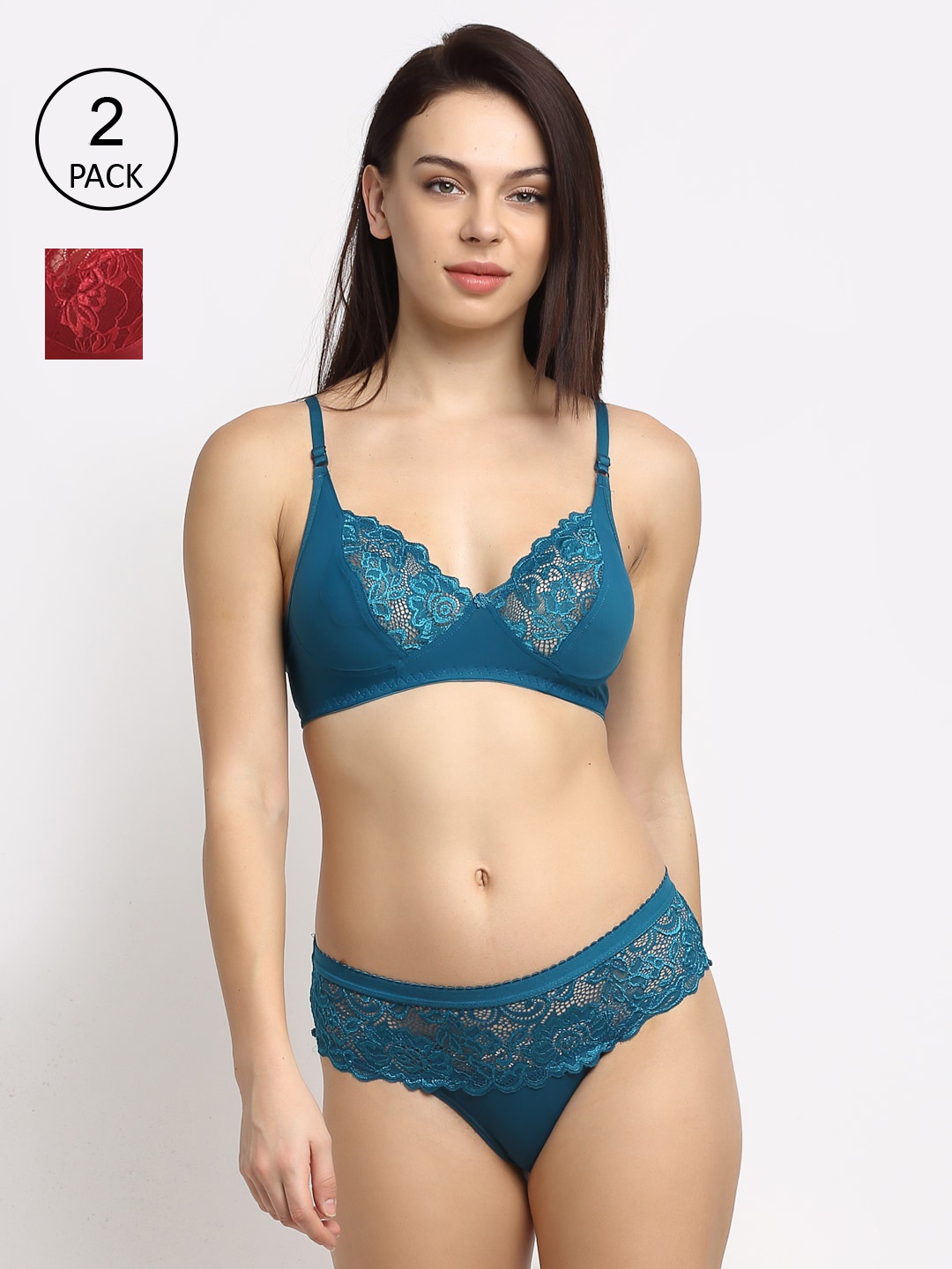 

Friskers Women Pack Of 2 Self-Design Lace Lingerie Set O-305-O-309-14, Teal