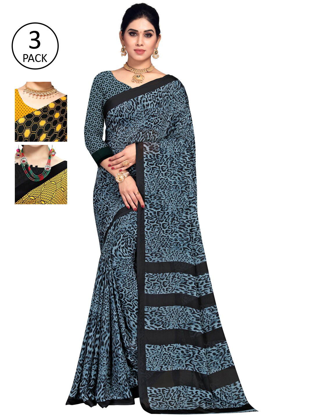 

KALINI Pack of 3 Poly Georgette Sarees, Yellow