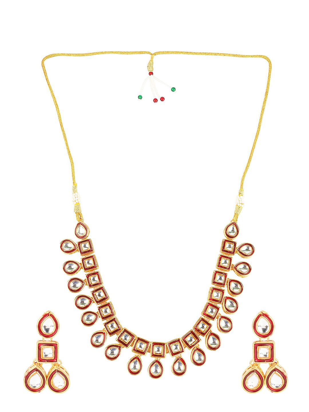 

Fabstreet Gold-Plated Red & White Kundan-Studded Meenakari Jewellery Set