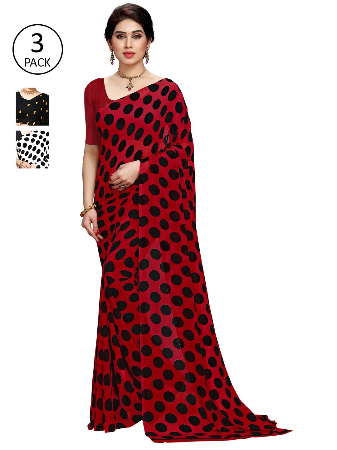 ANAND SAREES Red & Black Pack of 3 Printed Saree