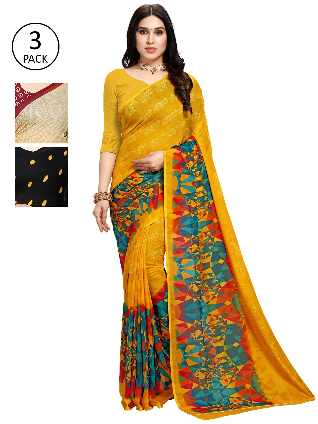 

KALINI Pack of 3 Printed Poly Georgette Saree, Multi