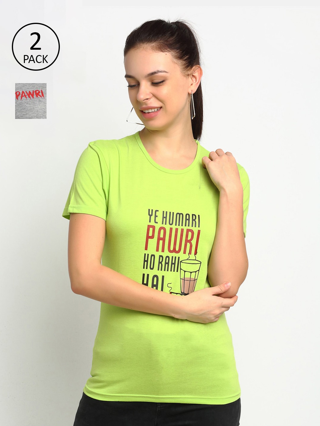

VIMAL JONNEY Women Green & Grey Typography 2 Printed T-shirt