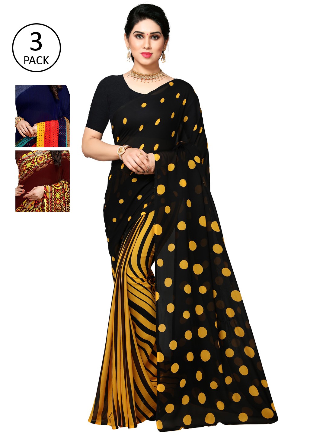 

KALINI Multicoloured Set of 3 Poly Georgette Saree, Multi