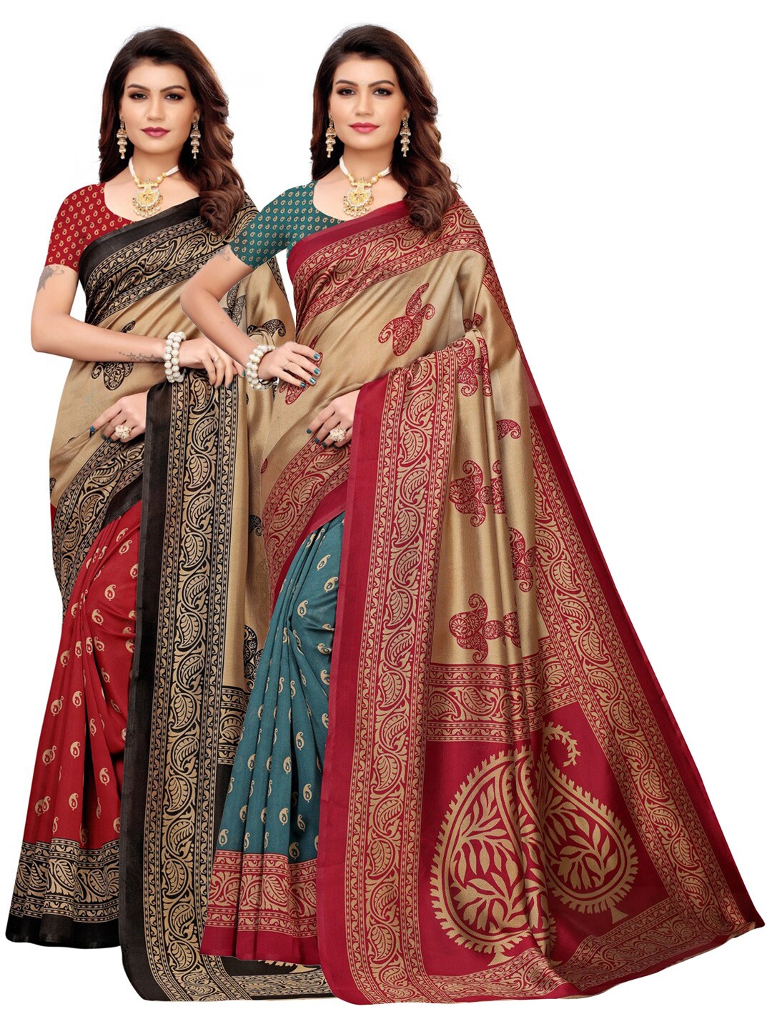 

KALINI Pack Of 2 Beige & Red Ethnic Motifs Sarees