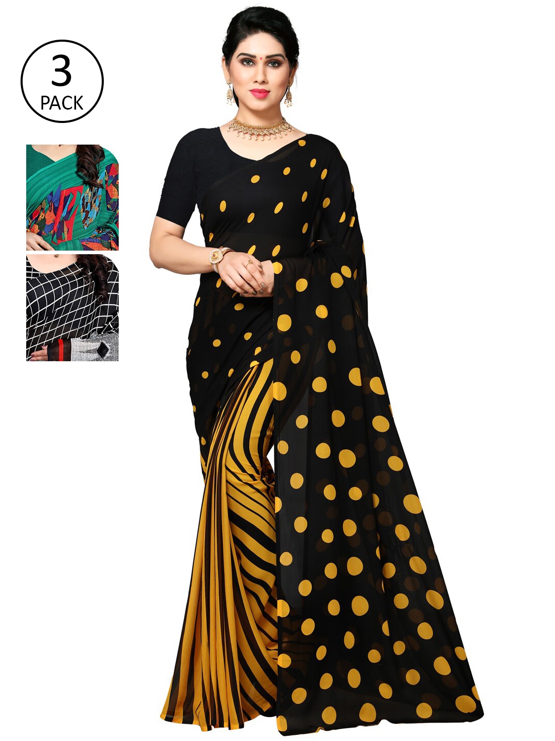 

KALINI Pack Of 3 Black & Teal Green Saree