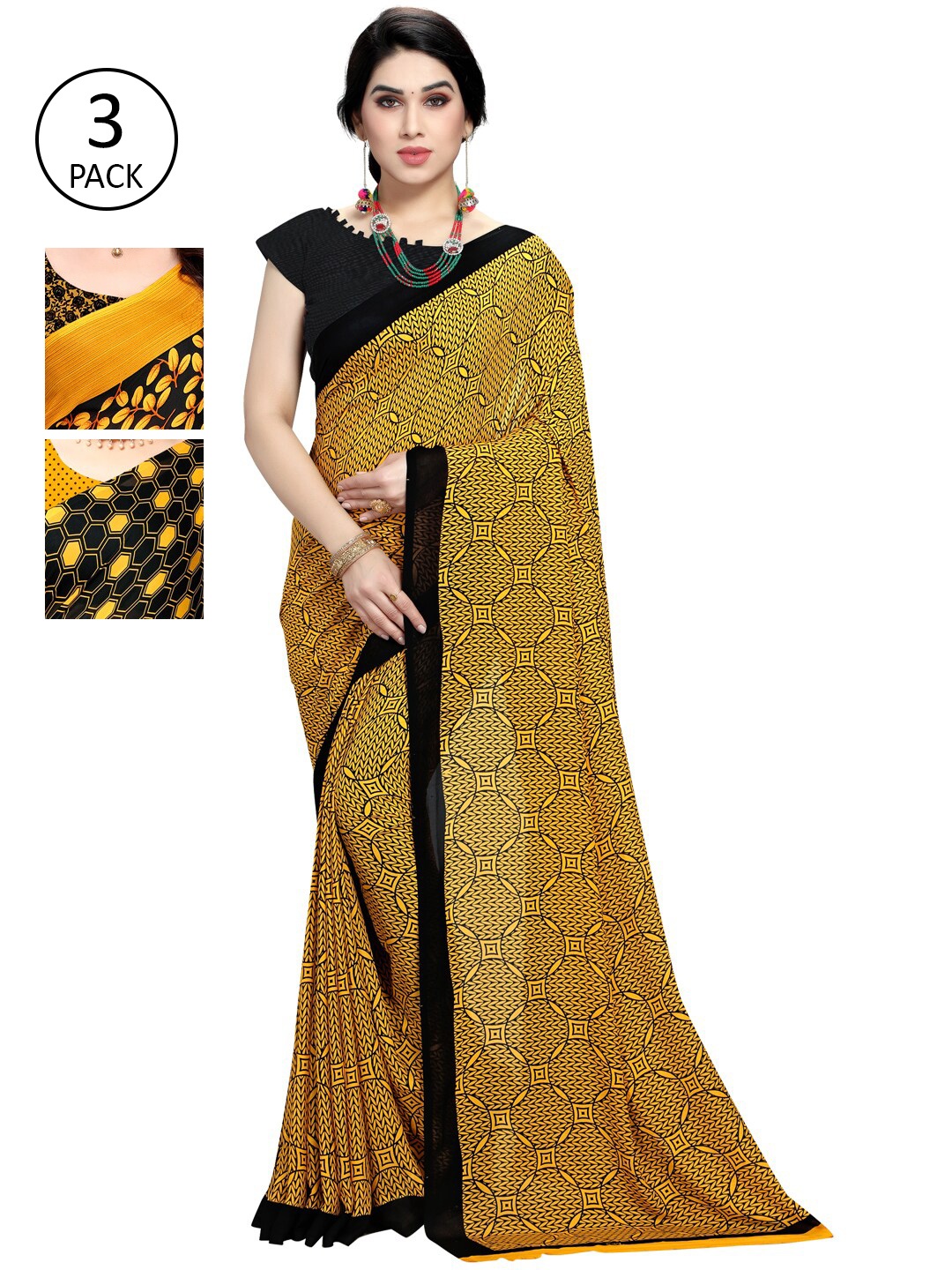 

KALINI Women Pack of 3 Printed Sarees, Yellow