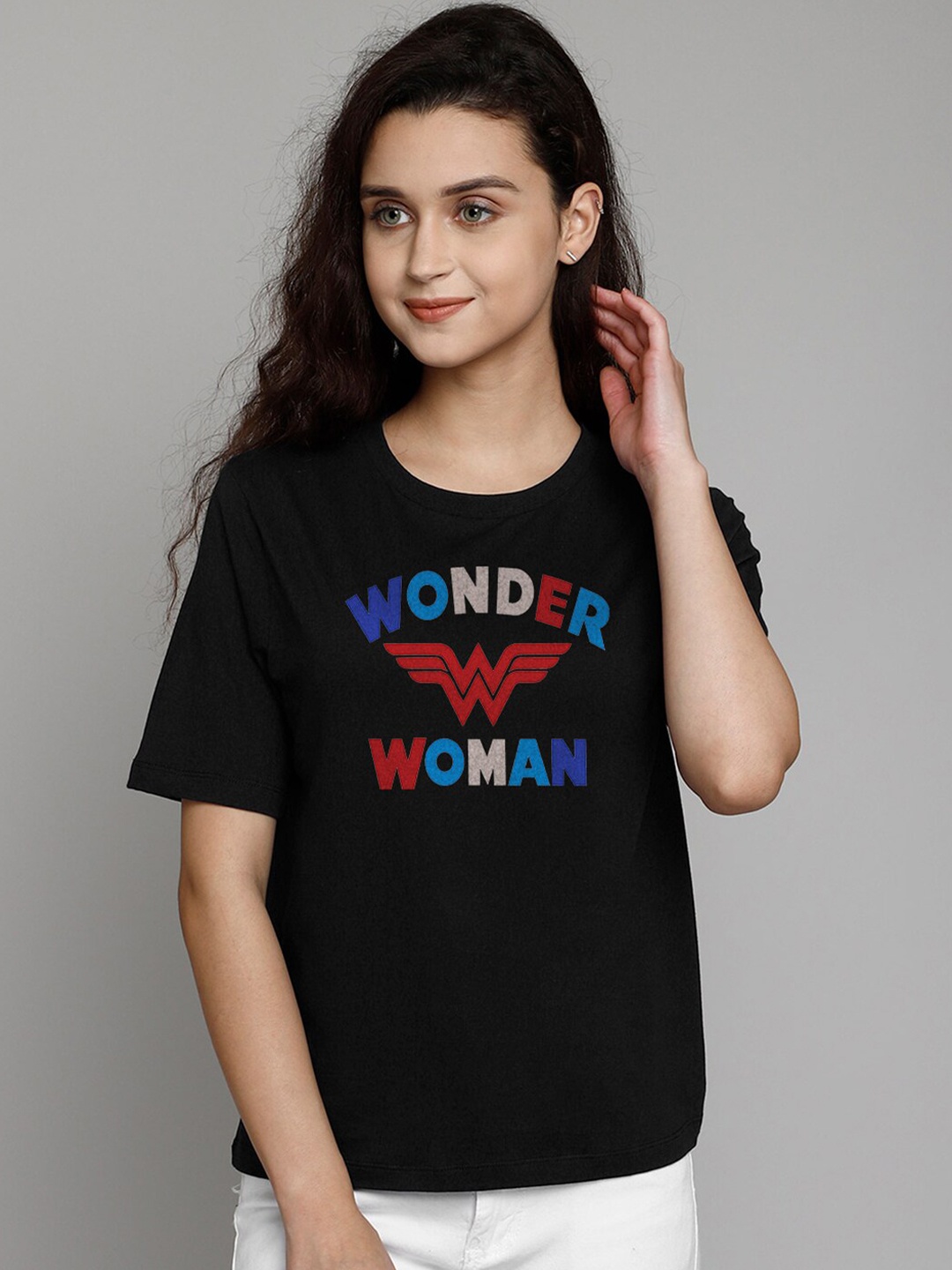 

Free Authority Women Black Cotton Wonder Woman Print Drop-Shoulder Sleeves Pure Cotton T-shirt