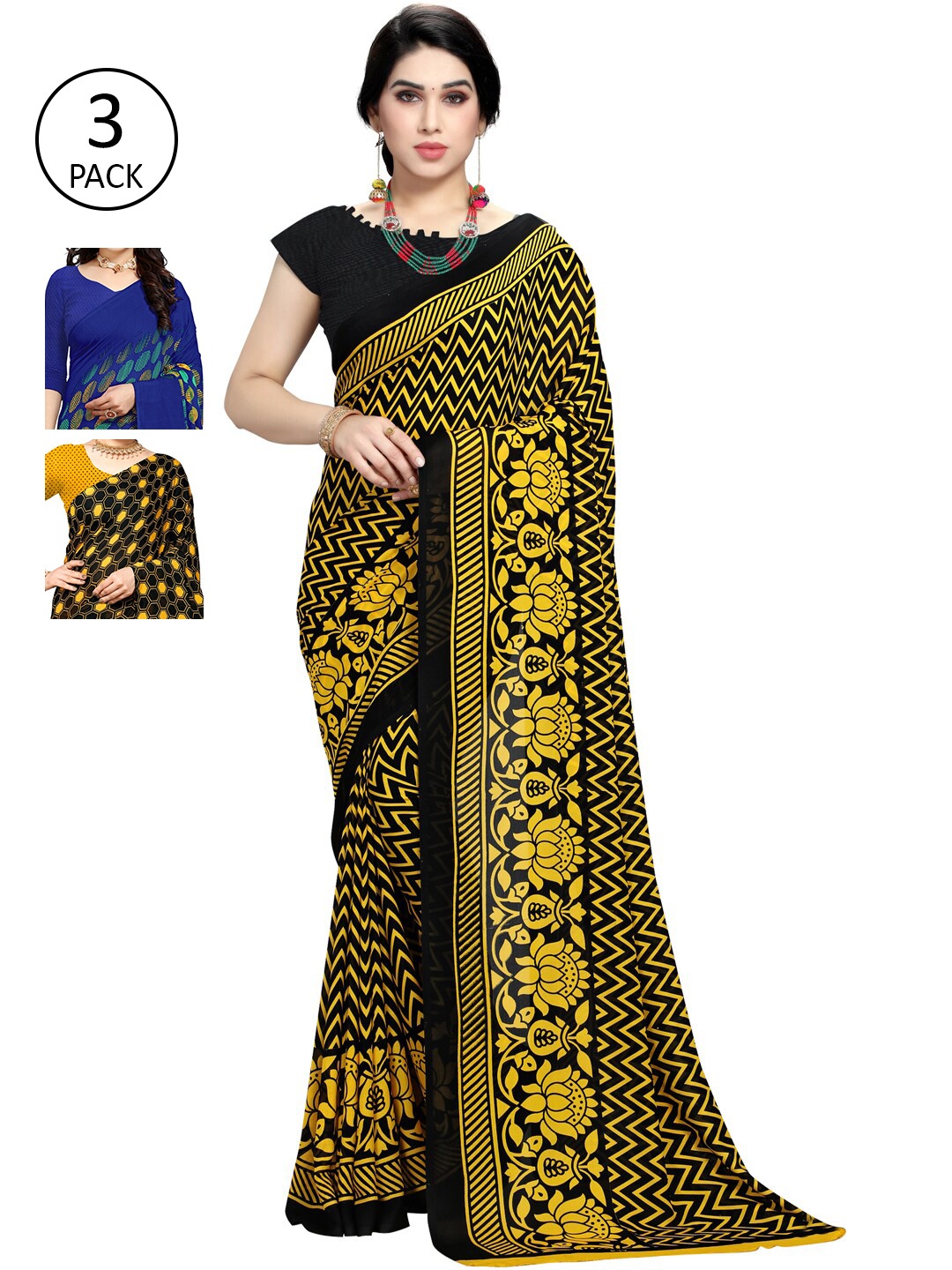 

KALINI Pack of 3 Yellow & Black Printed Saree