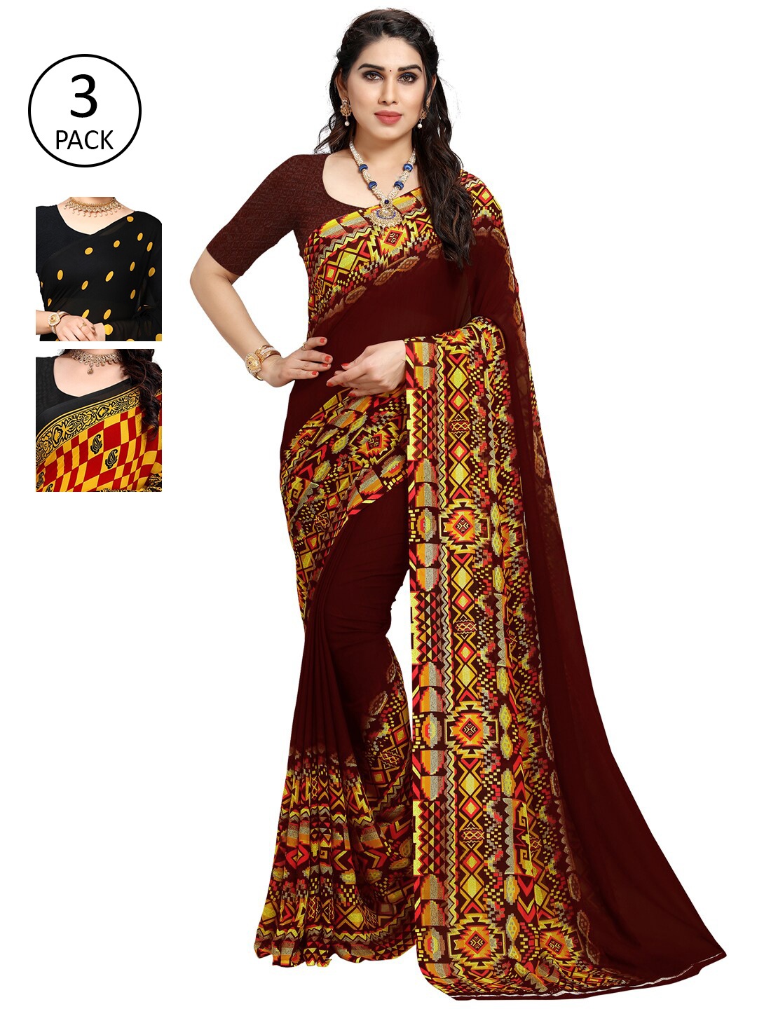 

KALINI Red & Yellow Pack of 3 Printed Saree