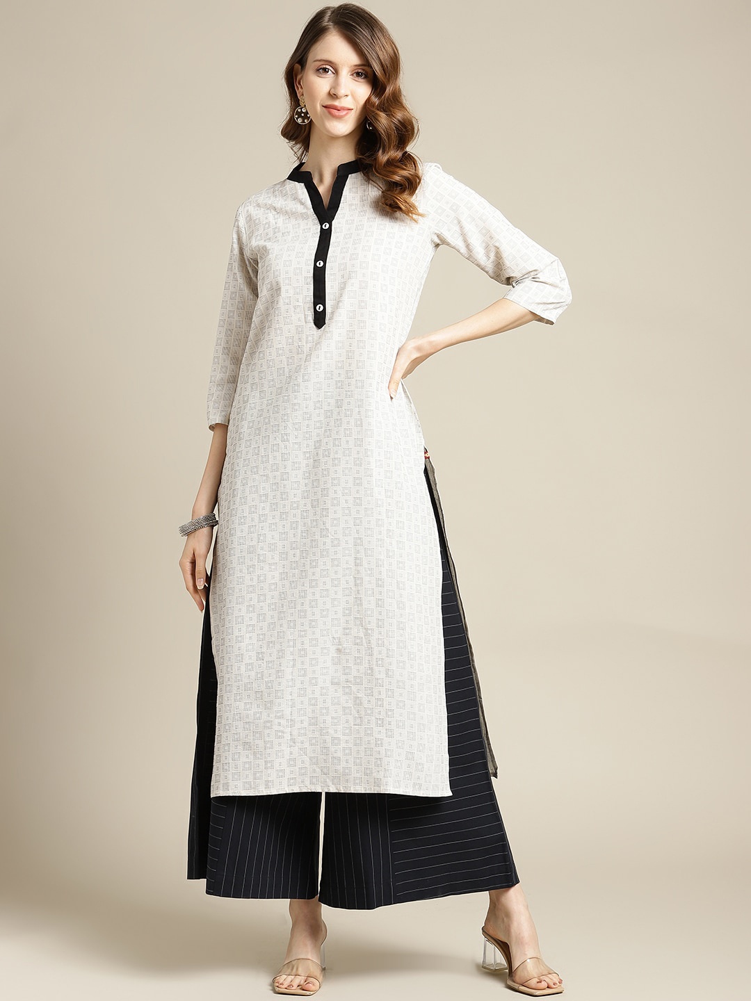 

KSUT Women Off White Woven Designed Straight Kurta