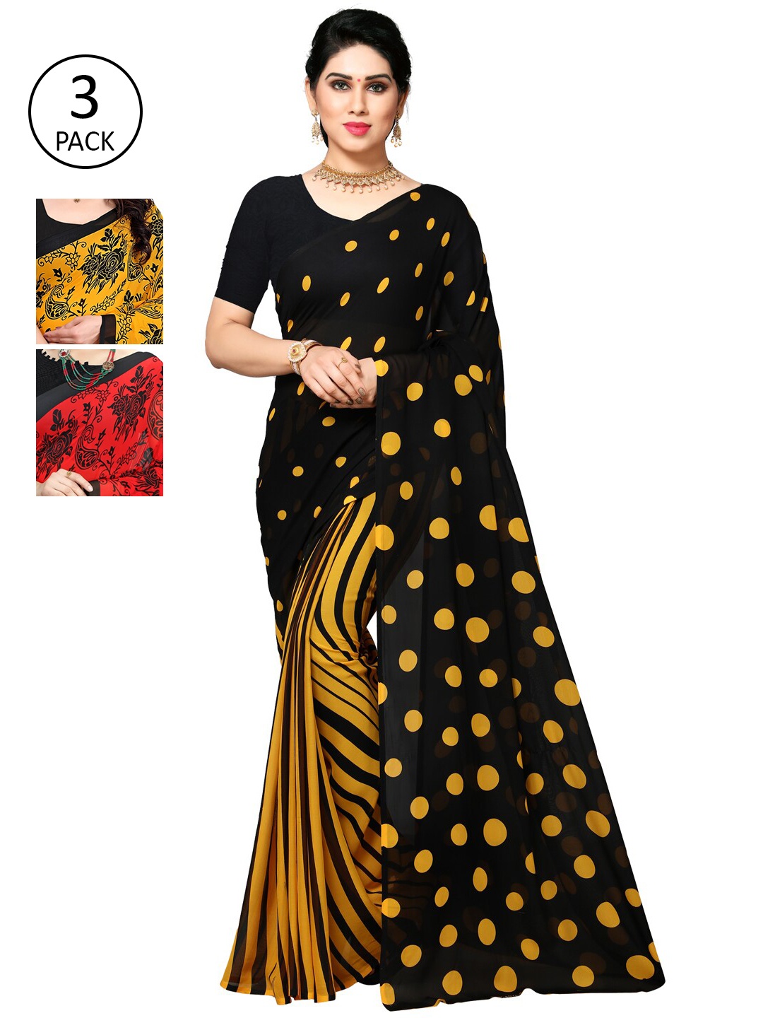 

KALINI Multicoloured Set of 3 Poly Georgette Saree, Multi