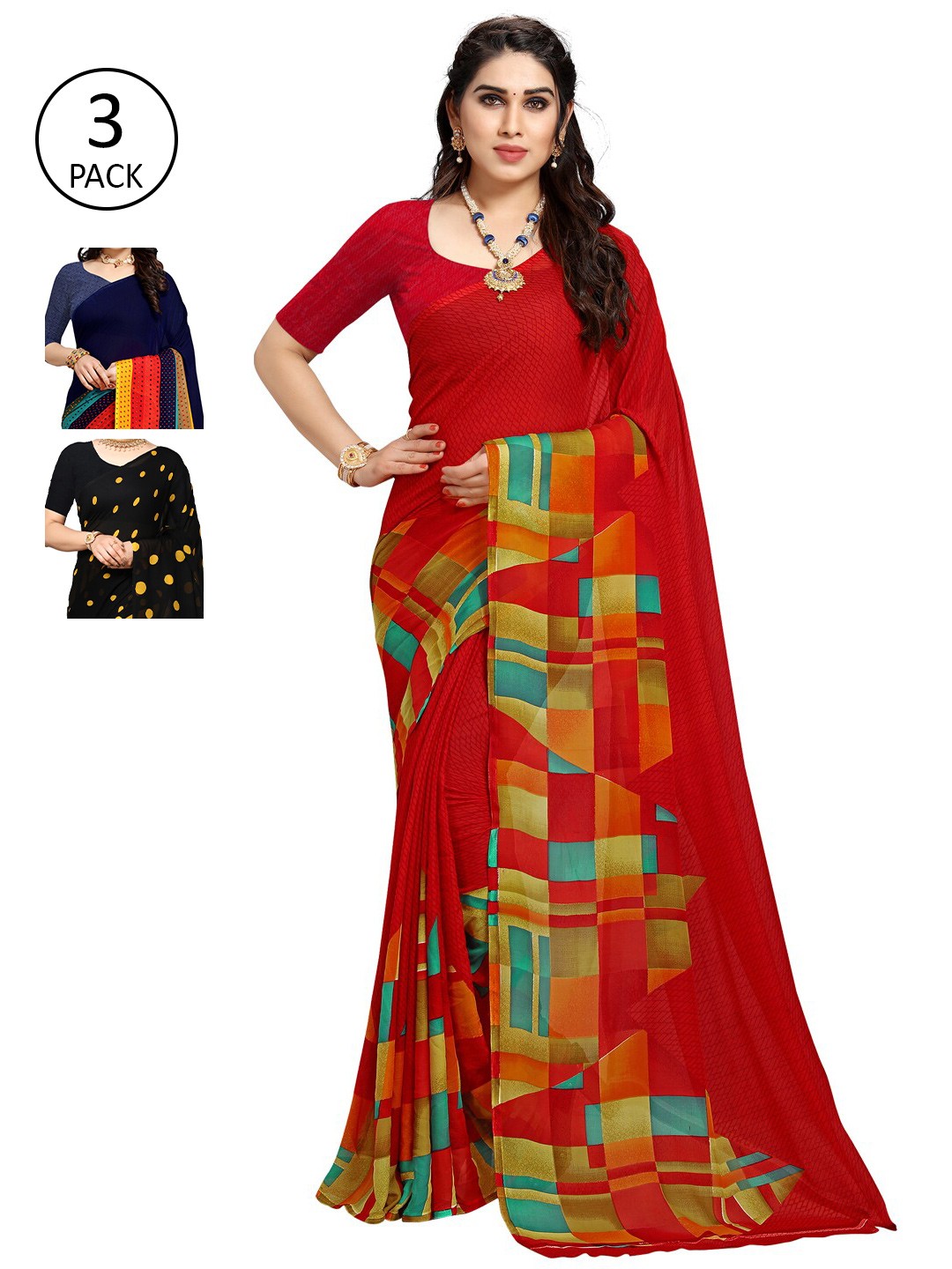 

KALINI Pack Of 3 Printed Sarees, Black