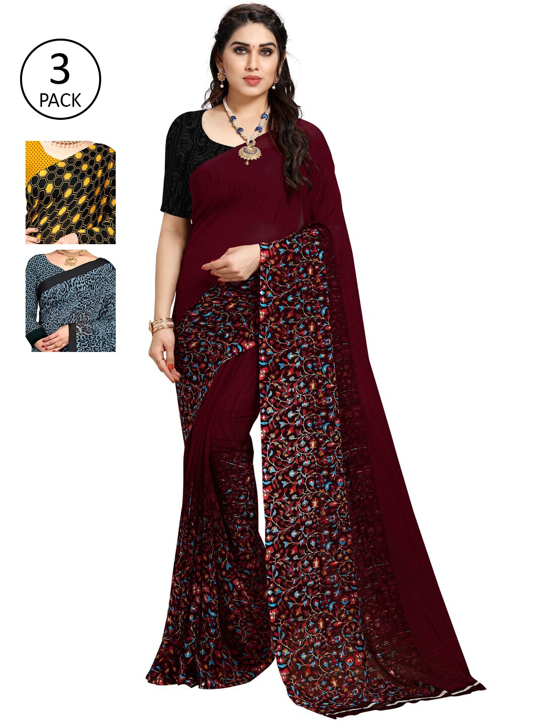 

KALINI Pack of 3 Printed Poly Georgette Sarees, Multi