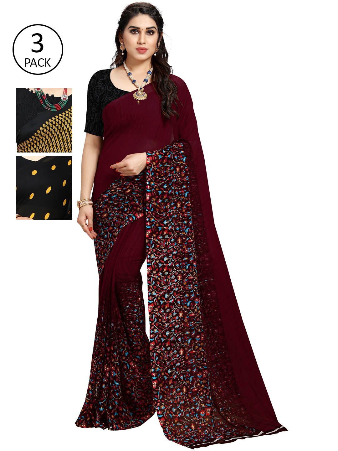 

KALINI Pack of 3 Black & Yellow Printed Saree
