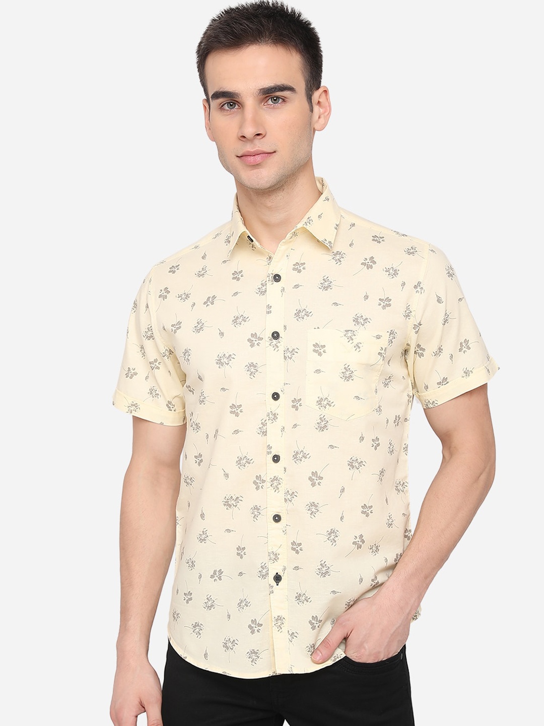 

Greenfibre Men Yellow Slim Fit Floral Printed Casual Cotton Shirt