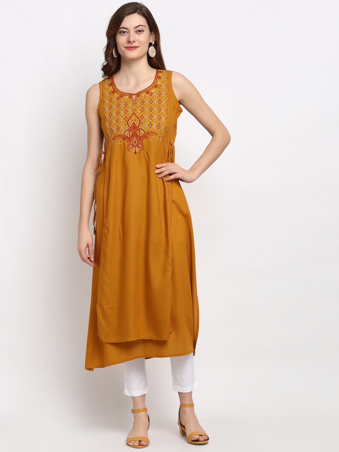 

Lovely Lady Women Mustard Yellow & Red Yoke Design Thread Work Straight Kurta
