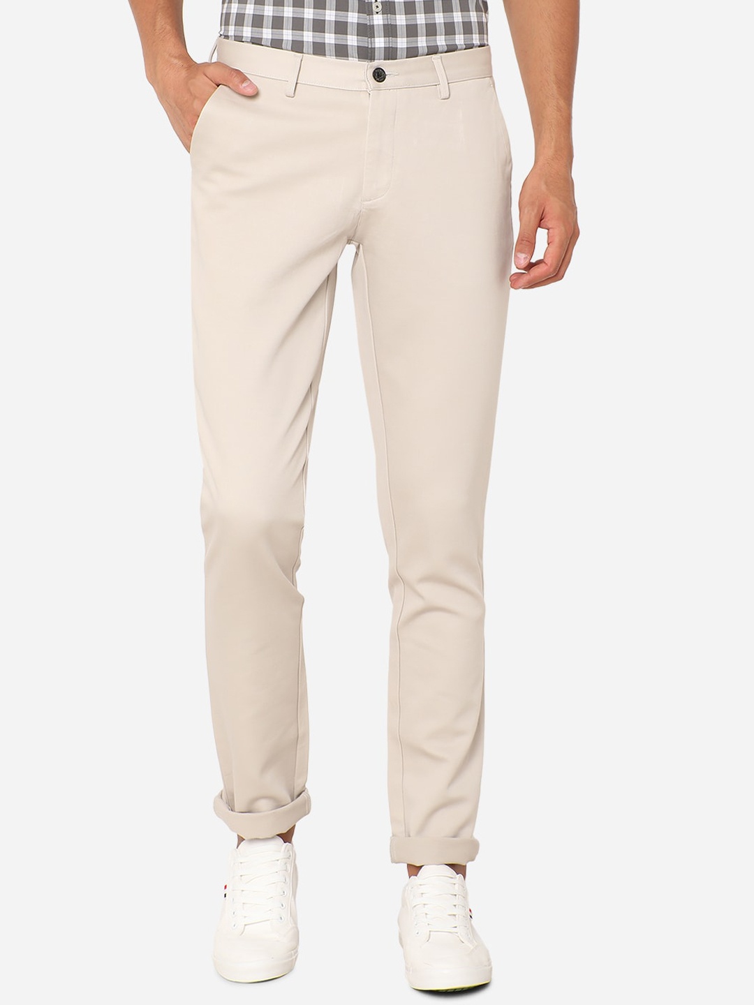 

JADE BLUE Men Beige Slim Fit Pure Cotton Regular Trousers