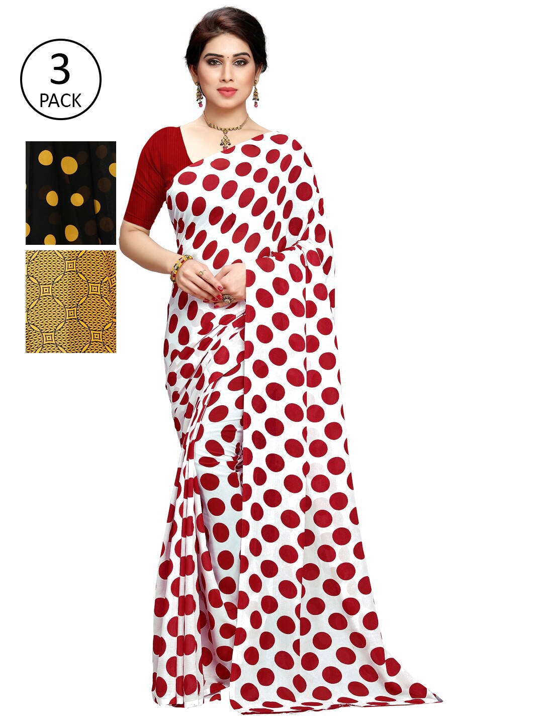 

KALINI Pack of 3 Poly Georgette Sarees, Red