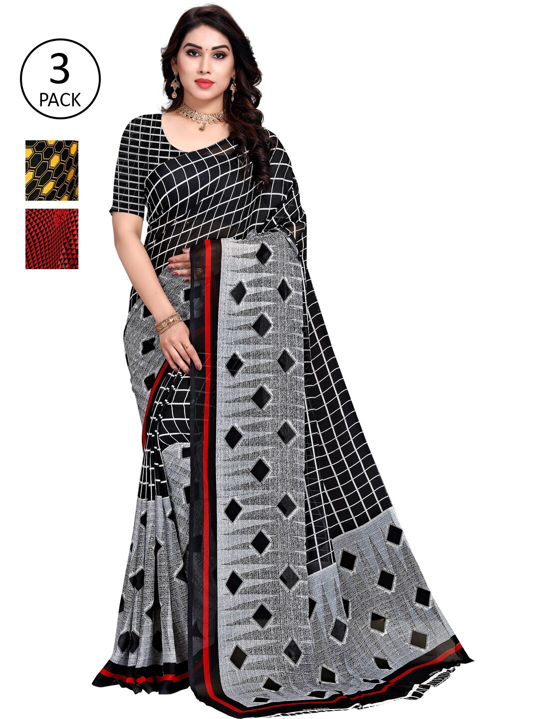 

KALINI Pack of 3 Poly Georgette Sarees, Black