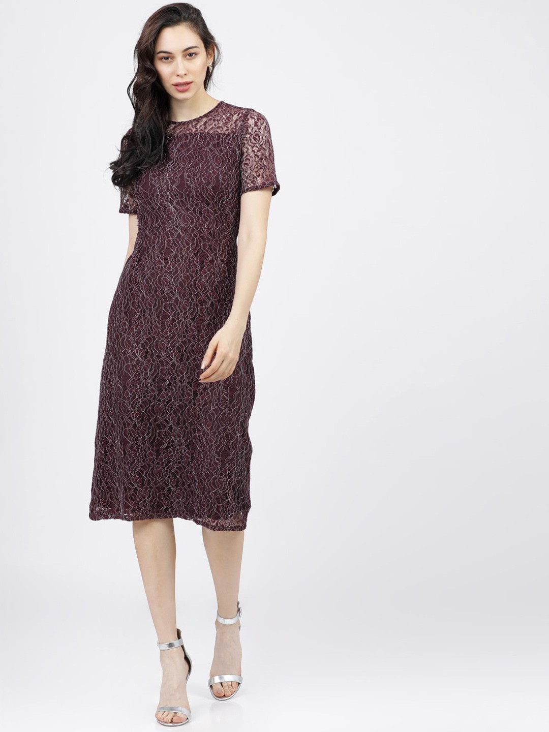 

Tokyo Talkies Women Wine Lace Sheath Dress, Maroon