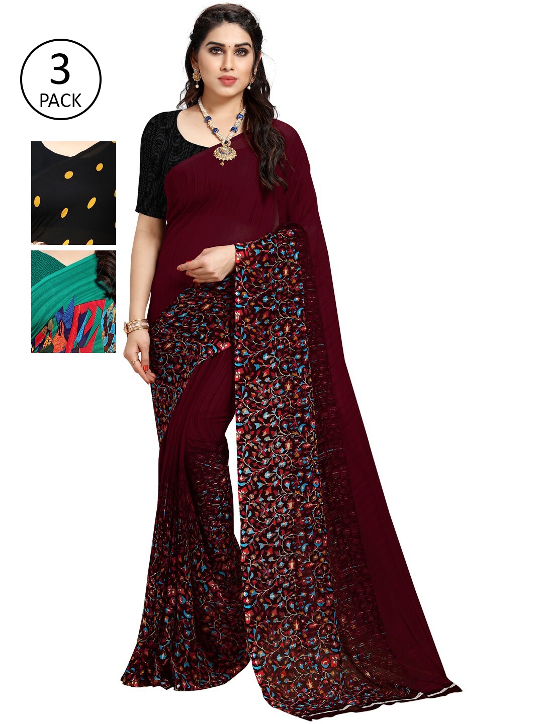 

KALINI Pack Of 3 Printed Sarees, Burgundy